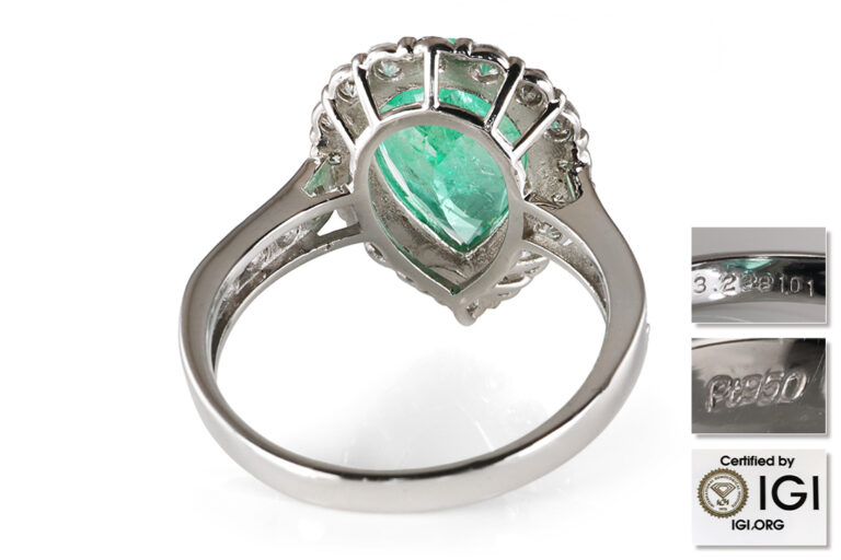 Ring Smaragd 3,23 ct + 26 Diamanten 1,01 ct TW/VS IGI 950PT Gr 53 [BRORS 20996]