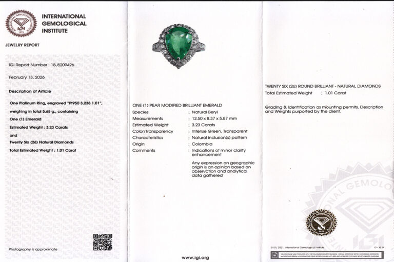 Ring Smaragd 3,23 ct + 26 Diamanten 1,01 ct TW/VS IGI 950PT Gr 53 [BRORS 20996]