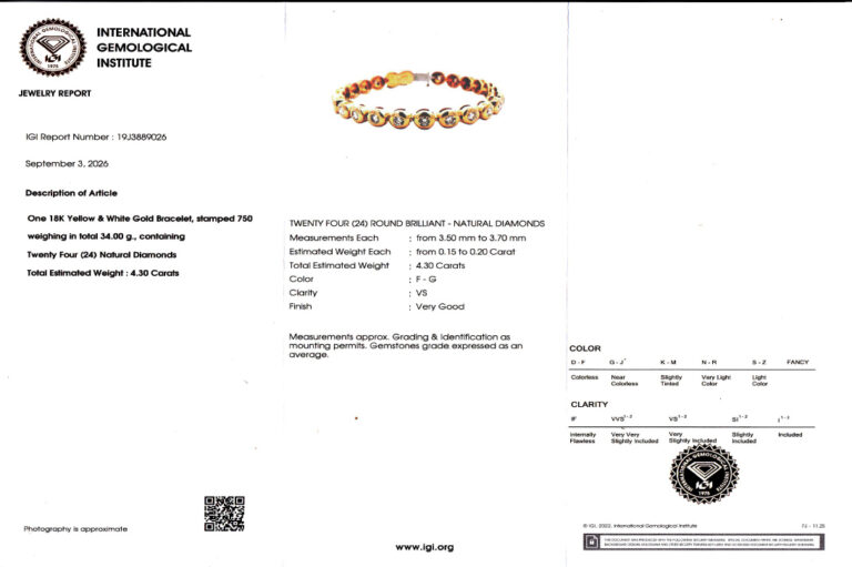 Armband 24 Brillanten ca 4,3 ct F-G/VS 750 Gold IGI [BRORS 21021]
