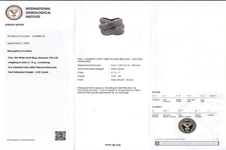 Ring 240 Brillanten 3 ct RIVER-TW/VVS-VS 750 Weißgold IGI Gr 53 [BRORS 21024]