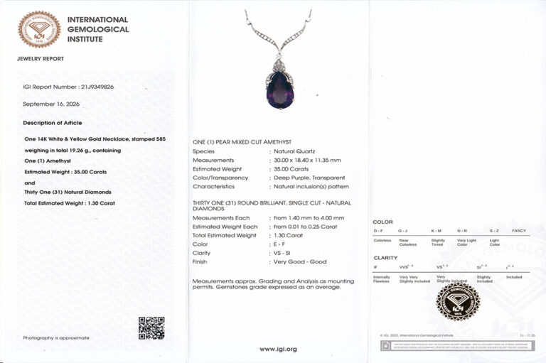 Collier 1 Amethyst ca 35 ct + 31 Brillanten ca 1,3 ct 585 IGI [BRORS 21053]